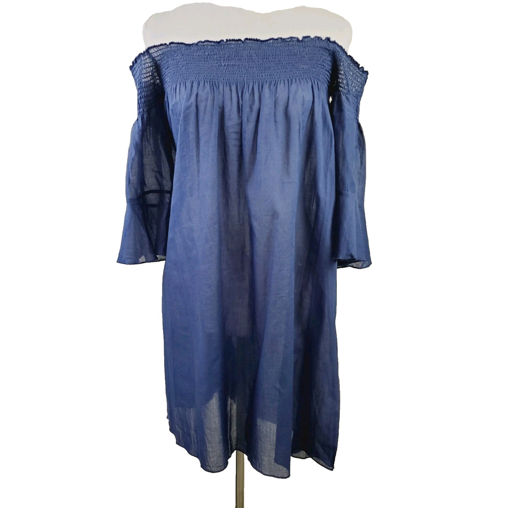 Delfina‎ Womens Small Off Shoulder Blue Dress Made In Italy Lightweight Smocked